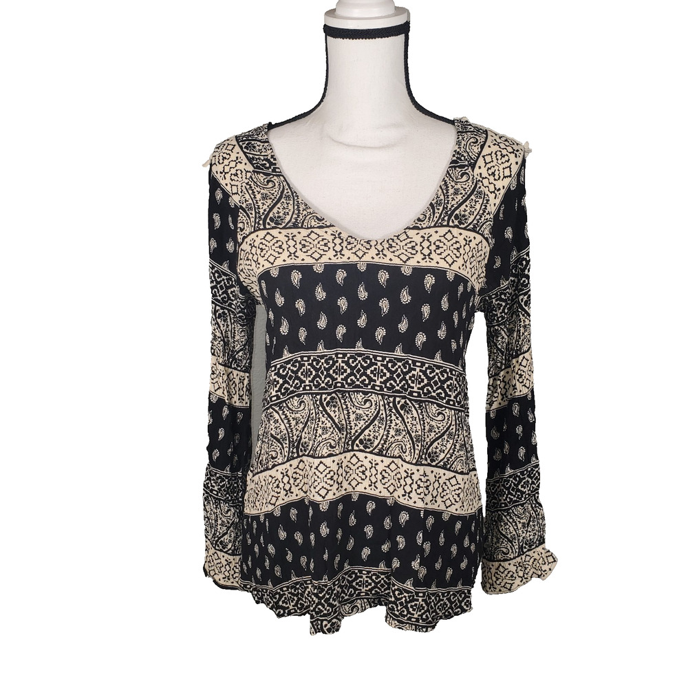 Mi a Mi Boho Crinkle Rayon Top Large - Paisley Tribal Ivory Crochet Back
